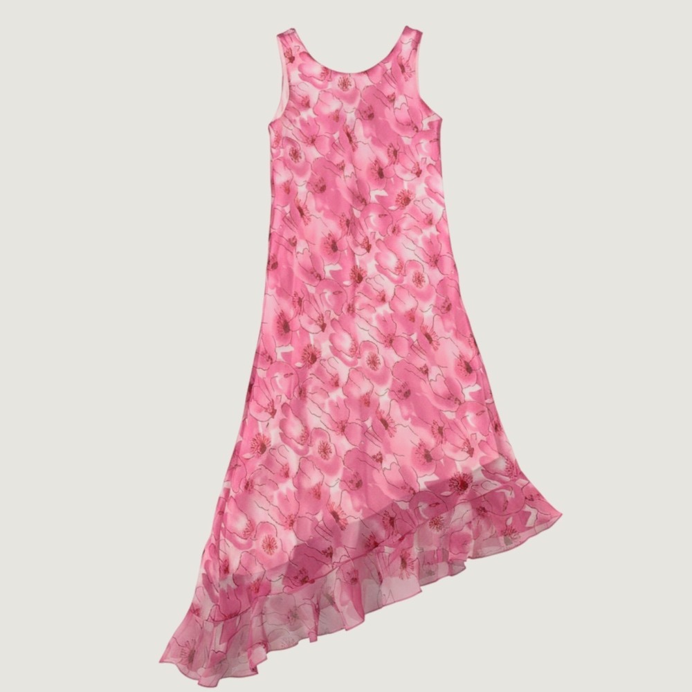 Y2K Floral Asymmetrical Ruffle Dress Girls 8 Pink Sleeveless Chiffon Overlay